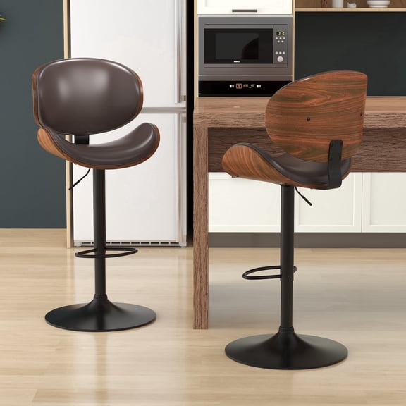 KCC Adjustable Swivel Bar Stools, PU Leather Bentwood Chairs with Footrest for Kitchen Island, Set of 2, Brown
