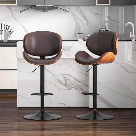 KCC Bentwood Counter Height Bar Stools Set of 2, 360° Swivel Height‑Adjustable PU Leather Bar Chairs with Metal Frame for Kitchen Island, Home Bar, Dining Room, Browm