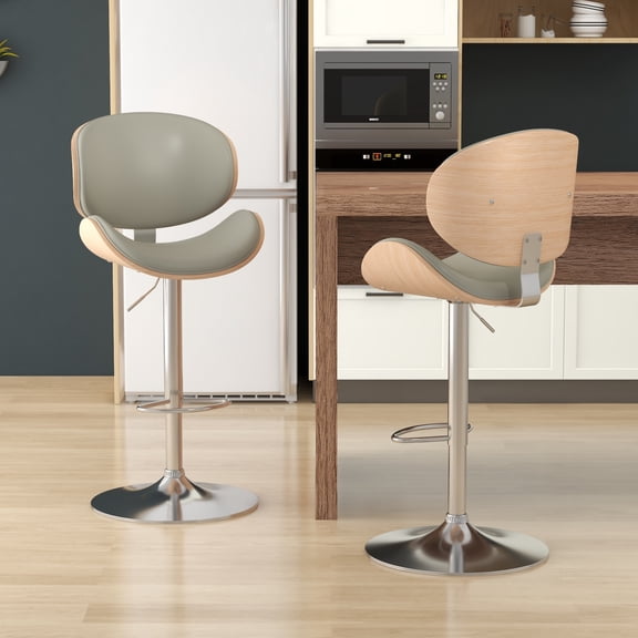 KCC Swivel Adjustable Bar Stools Set of 2, Counter Height PU Leather Upholstered Bar Chairs with Bentwood Back and Footrest for Kitchen Island(Gray PU)
