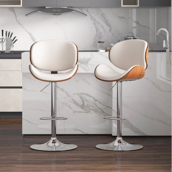 KCC Bentwood Counter Height Bar Stools Set of 2, 360° Swivel Height‑Adjustable PU Leather Bar Chairs with Metal Frame for Kitchen Island, Home Bar, Café Pub, White
