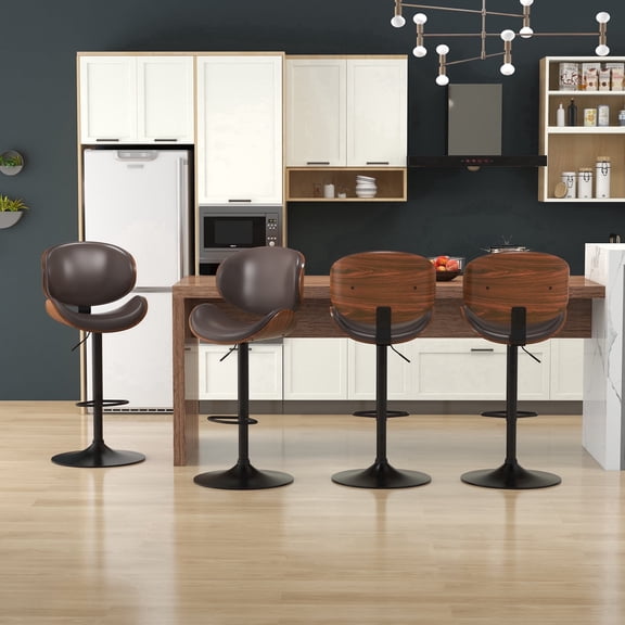 KCC Adjustable Swivel Bar Stools Set of 4, Bentwood PU Leather Chairs with Footrest for Kitchen Island, Counter, Home Bar, Dining Room, Café & Pub, Brown