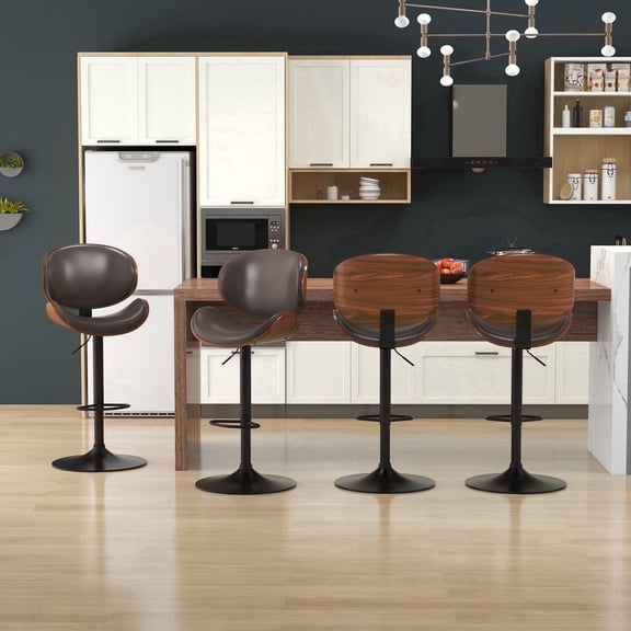 KCC Adjustable Swivel Bar Stools Set of 4, Bentwood PU Leather with Footrest for Kitchen Island, Counter, Home Bar, Dining Room, Café Pub, Brown