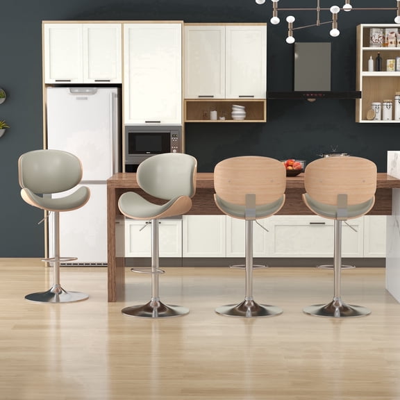KCC Adjustable Swivel Bar Stools Set of 4, Bentwood PU Leather with Footrest for Kitchen Island, Counter, Home Bar, Dining Room, Café Pub, Gray
