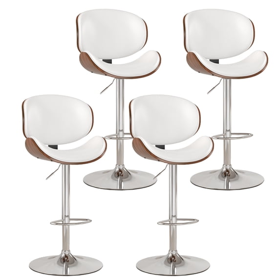 KCC Bentwood Counter Height Bar Stools Set of 4, 360° Swivel Height‑Adjustable PU Leather Bar Chairs with Metal Frame for Kitchen Island, Home Bar, Café Pub, White