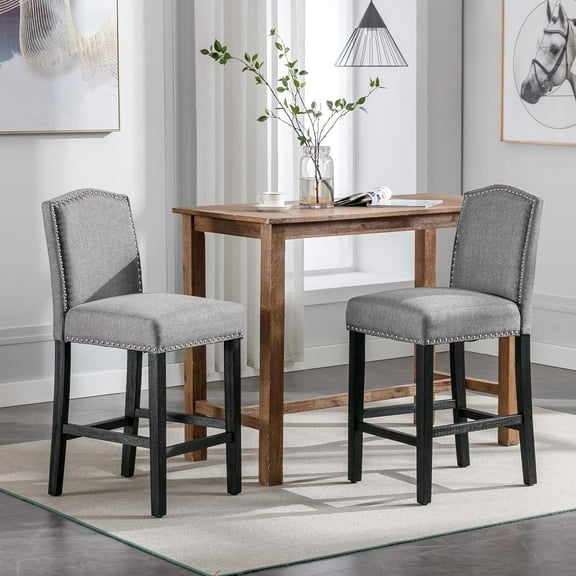 KCC Counter Height Bar Stool 26 Inches Upholstered High Back Barstool with Antique Nail Heads Solid Wood Set of 2 Counter Height Bar Chairs,Light Grey