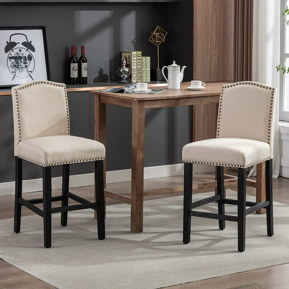 KCC Counter Height Bar Stool 26 Inches Upholstered High Back Barstool with Antique Nail Heads Solid Wood Set of 2 Counter Height Bar Chairs,Beige