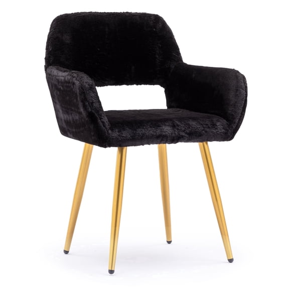Faux Fur Mid-Century Modern Vanity Desk Chair with Gold Metal Legs for Bedroom, Dining Room, Black