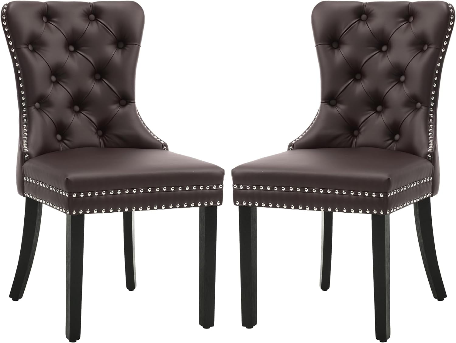 Brown Faux Leather Upholstered Side Chair with Wood Legs, Set of 2