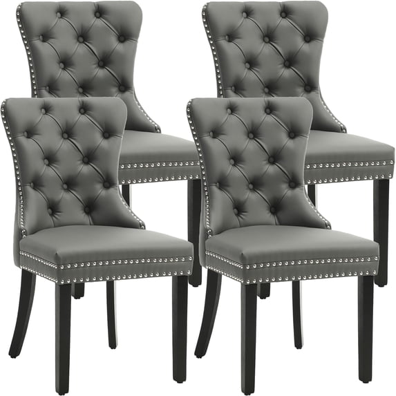 KCC Faux Leather Dining Chairs Set of 4, Upholstered High-end Tufted Dining Room Chair with Nailhead Back Ring Pull Trim Solid Wood Legs, Contemporary Nikki Collection Modern Style for Kitchen, Gray