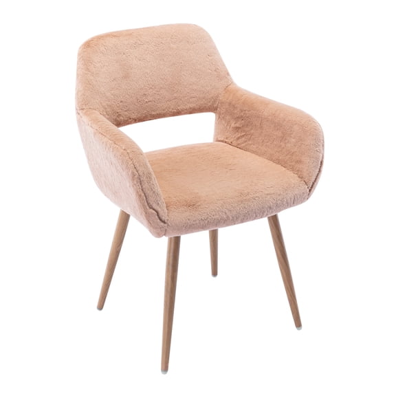 Faux Fur Mid-Century Modern Vanity Desk Chair with Wood Grain Metal Legs for Bedroom, Dining Room, Camel