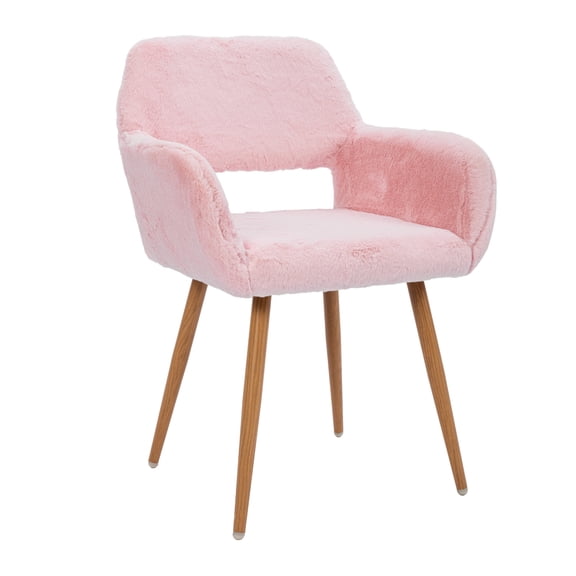 KCC Fluffy Faux Fur Vanity Accent Chair, Mid-Century Stationary Armchair with Wood-Look Metal Legs for Bedroom, Living & Dining Room, Makeup Apartment，Pink