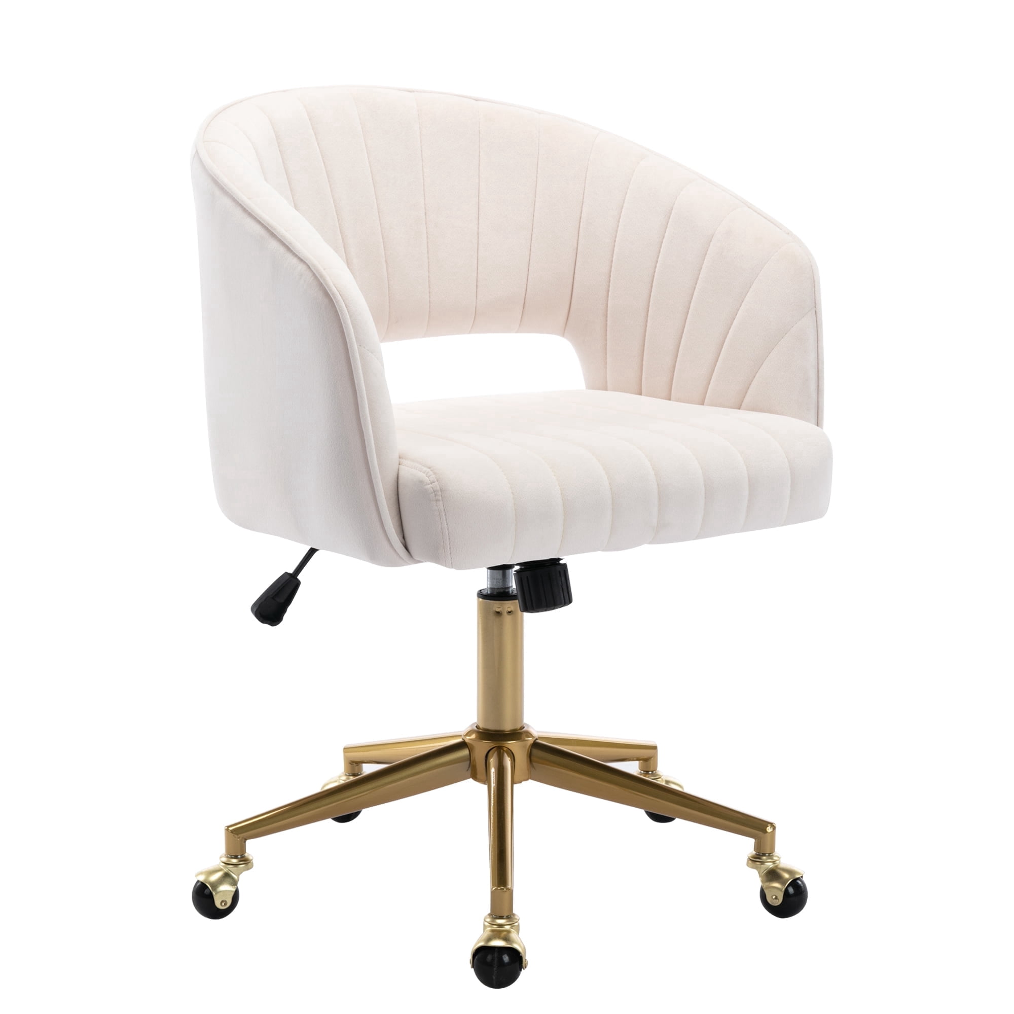 KCC Velvet Office Chair for Women, Swivel Vanity Desk Chair with Gold Base and Wheels, Adjustable Upholstered Chair for Bedroom, Makeup Room and Home Office(Cream)