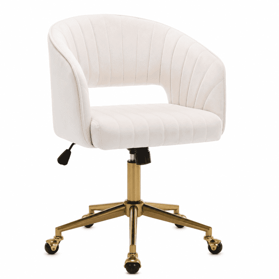 KCC Upholstered Velvet Vanity Chair, Adjustable Swivel Desk Chair with Gold Metal Base and Wheels for Home Office, Makeup Room (Cream)