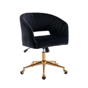 KCC Upholstered Velvet Vanity Chair, Adjustable Swivel Desk Chair with Gold Metal Base and Wheels for Home Office, Makeup Room Black