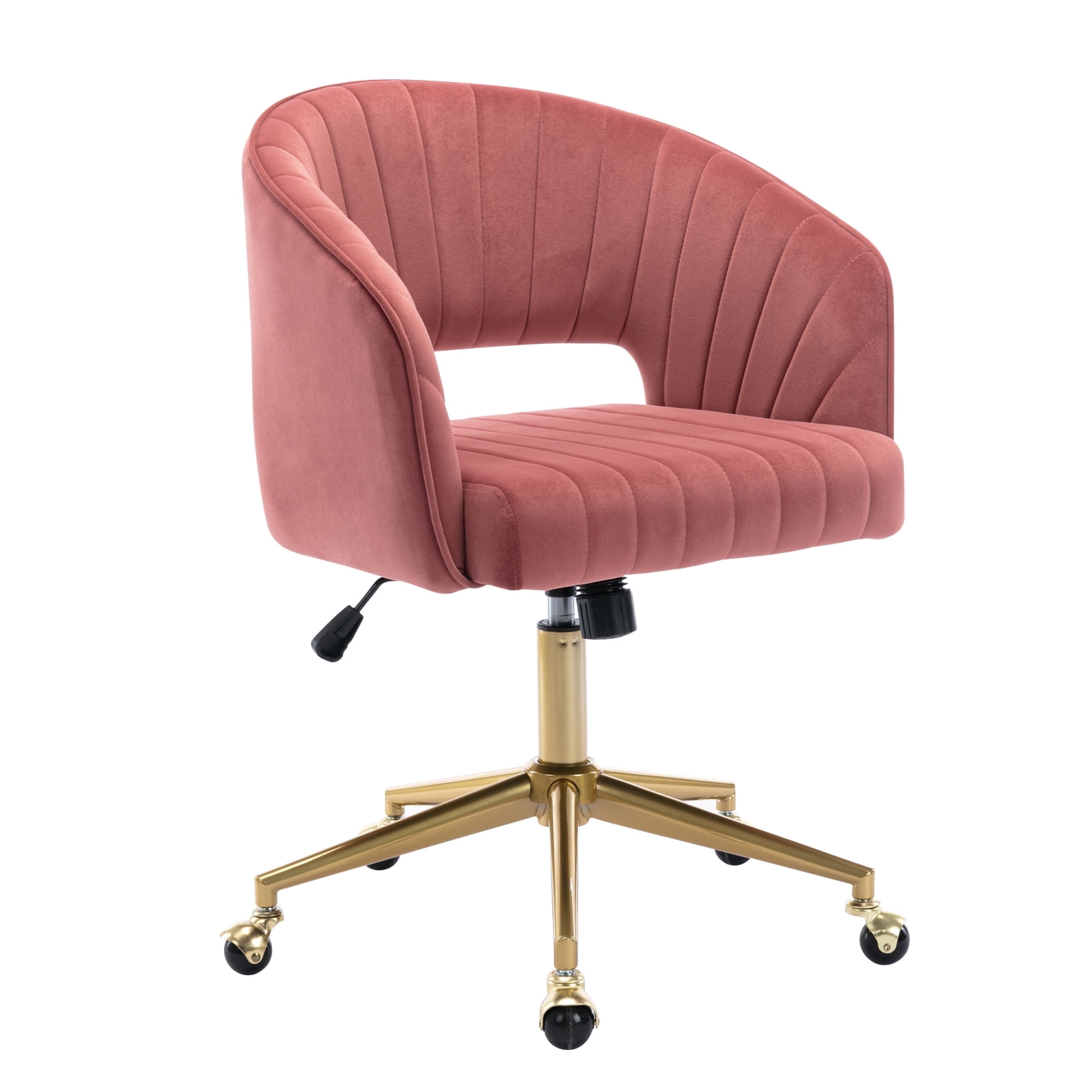 KCC Velvet Office Chair for Women, Swivel Vanity Desk Chair with Gold Base and Wheels, Adjustable Upholstered Chair for Bedroom, Makeup Room and Home Office(Rose)
