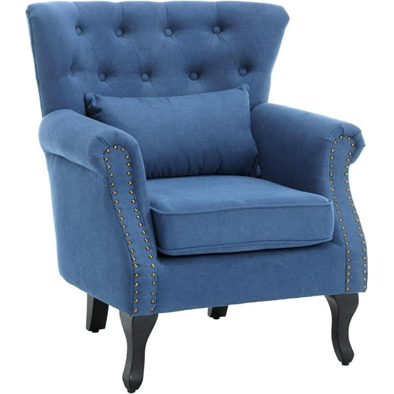 KCC Living Room Accent Chair Mid Century Modern Reading Arm Chair for Bedroom, Upholstered Club Chair Single Sofa Chair with Tufted Back, Rubber Wood Legs and Lumbar Pillow, Blue