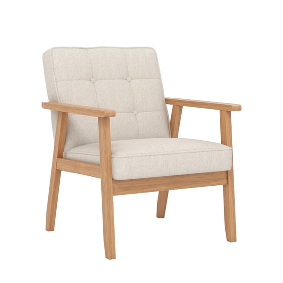 Mid-Century Modern Accent Chairs, Linen Upholstered Button-Tufted Armchairs with Wood Frame for Living Room, Bedroom & Reading Nook, Beige