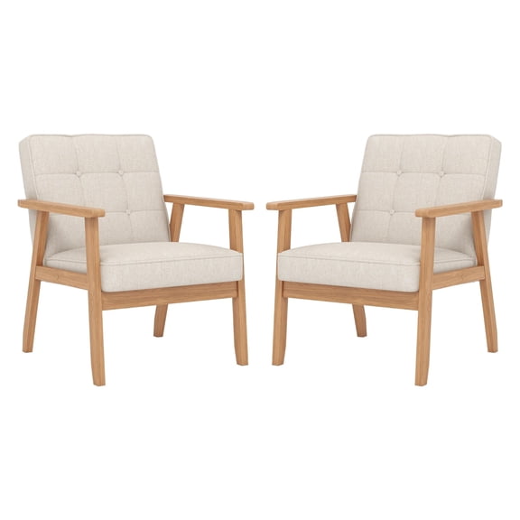 Mid-Century Modern Accent Chairs Set of 2, Linen Upholstered Button-Tufted Armchairs with Wood Frame for Living Room, Bedroom, Beige