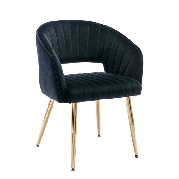 KCC Modern Accent Dining Chairs, Upholstered Velvet Home Office Desk Chairs with Hollow Back, Tufted Vanity Chairs Side Chairs with Gold Metal Legs for Living Room Restaurant, 1 PC & Black
