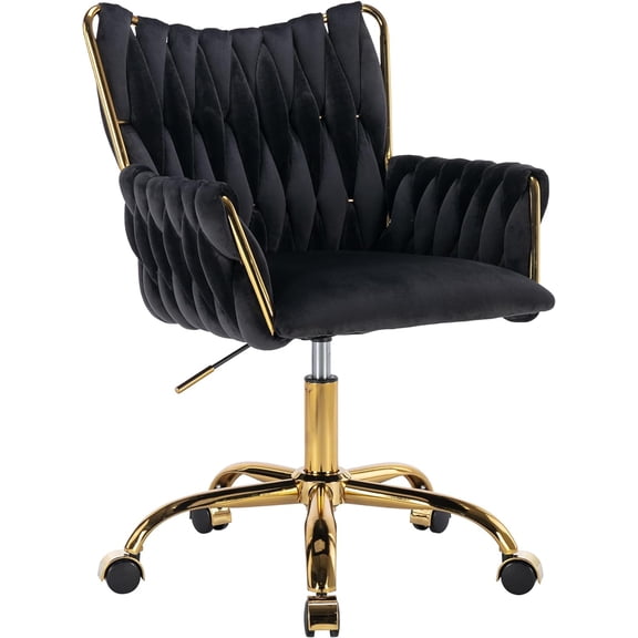 KCC Modern Velvet Home Office Desk Chair with Hand Woven Backrest, Upholstered Adjustable Makeup Vanity Chair with Armrest and Golden Metal Base with Wheels for Living Room Bedroom Study(Black)