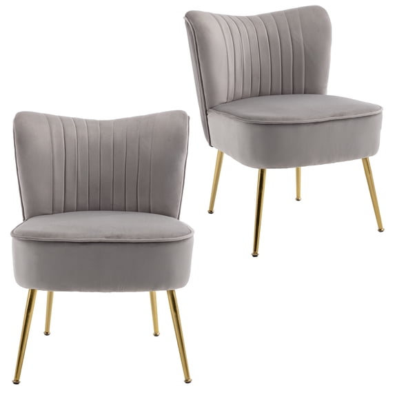 Velvet Accent Chairs Set of 2, Upholstered Living Room Chairs with Gold Metal Legs, Modern Armless Chairs for Bedroom, Reading Nook, Apartment, Light Gray