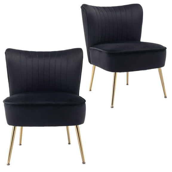 KCC Modern Velvet Upholstered Accent Chair Set of 2,Mid Century Living Room Chairs with Golden Legs,Comfy Armless Chair Wingback Single Sofa Side Chair for Bedroom,Black