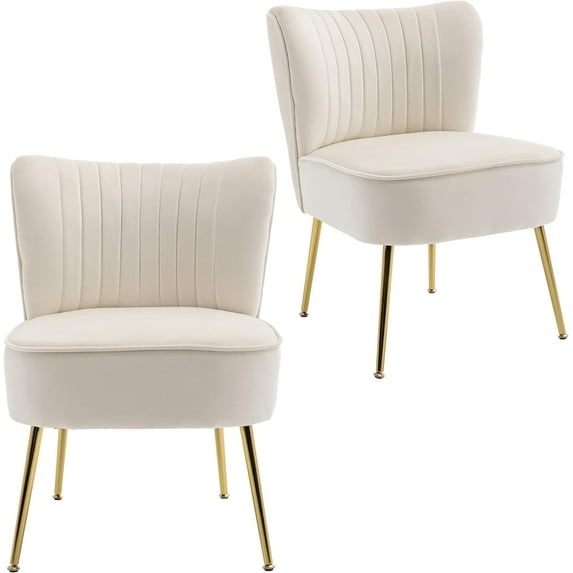 KCC Modern Velvet Upholstered Accent Chair Set of 2,Mid Century Living Room Chairs with Golden Legs,Comfy Armless Chair Wingback Single Sofa Side Chair for Bedroom,Beige