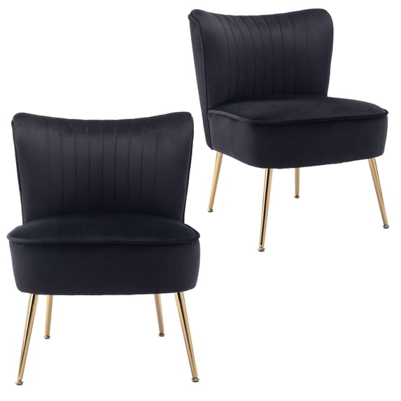 Velvet Accent Chairs Set of 2, Upholstered Living Room Chairs with Gold Metal Legs, Modern Armless Chairs for Bedroom, Reading Nook, Apartment, Black