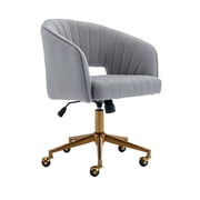 KCC Upholstered Velvet Vanity Chair, Adjustable Swivel Desk Chair with Gold Metal Base and Wheels for Home Office or Makeup Room Light Gray