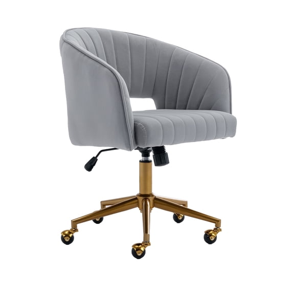 KCC Upholstered Velvet Vanity Chair, Adjustable Swivel Desk Chair with Gold Metal Base and Wheels for Home Office or Makeup Room (Light Gray)