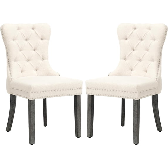 KCC Teddy Dining Chairs Set of 2, Upholstered High-end Tufted Dining Room Chair with Nailhead Back Ring Pull Trim Solid Wood Legs, Contemporary Nikki Collection Modern Style for Kitchen, Cream