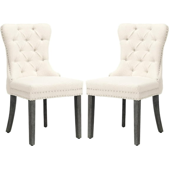 KCC Teddy Dining Chairs Set of 2, Upholstered High-end Tufted Dining Room Chair with Nailhead Back Ring Pull Trim Solid Wood Legs, Contemporary Nikki Collection Modern Style for Kitchen, Cream