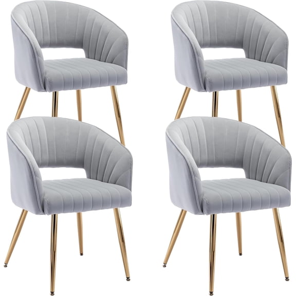 KCC Upholstered Velvet Dining Chair with Gold Metal Legs for Dining Room, Kitchen or Living Room, Set of 4, Light Gray