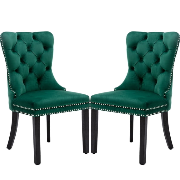 KCC Velvet Dining Chairs Set of 2, Upholstered Tufted Dining Room Chairs with Nailhead Trim Ring Pull Back, Solid Wood Legs, Nikki Collection Modern Style for Kitchen, Green