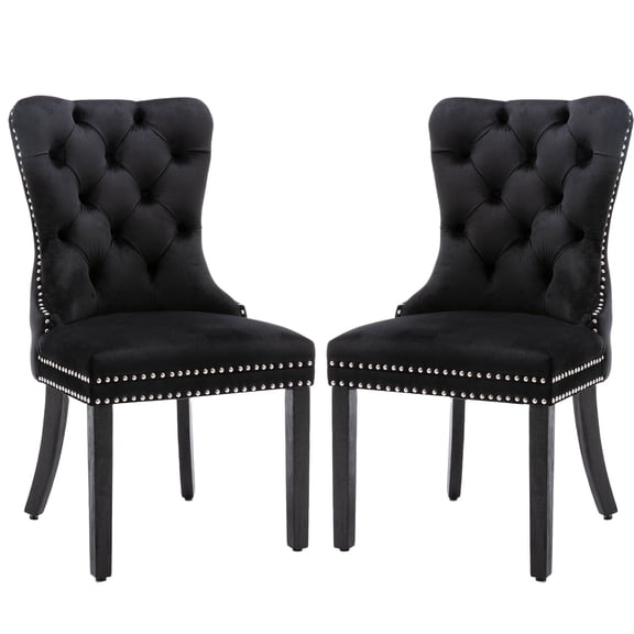KCC Velvet Dining Chairs Set of 2, Upholstered Tufted Dining Room Chairs with Nailhead Trim Ring Pull Back, Solid Wood Legs, Nikki Collection Modern Style for Kitchen, Black