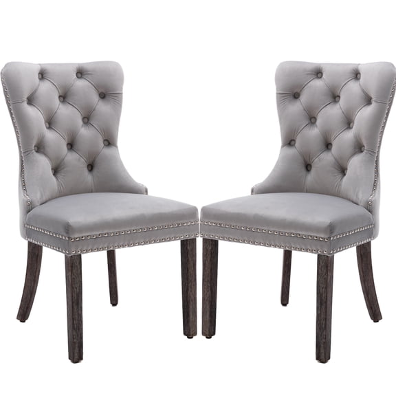 KCC Velvet Dining Chairs Set of 2, Upholstered Tufted Dining Room Chairs with Nailhead Trim Ring Pull Back, Solid Wood Legs, Nikki Collection Modern Style for Kitchen, Light Gray