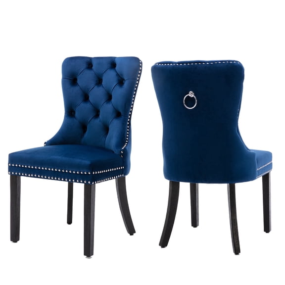 KCC Velvet Tufted Dining Chairs Set of 2, Back Pull Ring Design with Nailhead Trim, Solid Wood Leg Upholstered Side Chairs for Kitchen & Dining Room, Blue
