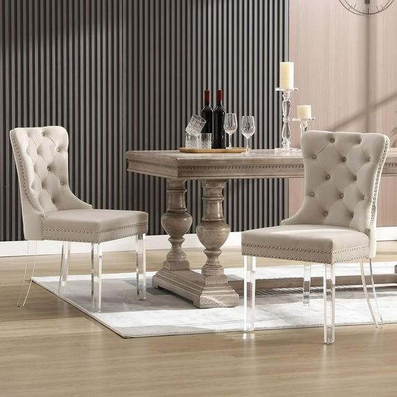 KCC Velvet Dining Chairs Set of 2, Upholstered Tufted Wingback Dining Room Chair with Nailhead Back Ring Pull Trim Solid Acrylic Legs, Contemporary Nikki Collection Style for Kitchen, Beige