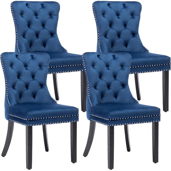 KCC Velvet Tufted Dining Chairs Set of 4, Back Pull Ring Design with Nailhead Trim, Solid Wood Leg Upholstered Side Chairs for Kitchen & Dining Room, Blue