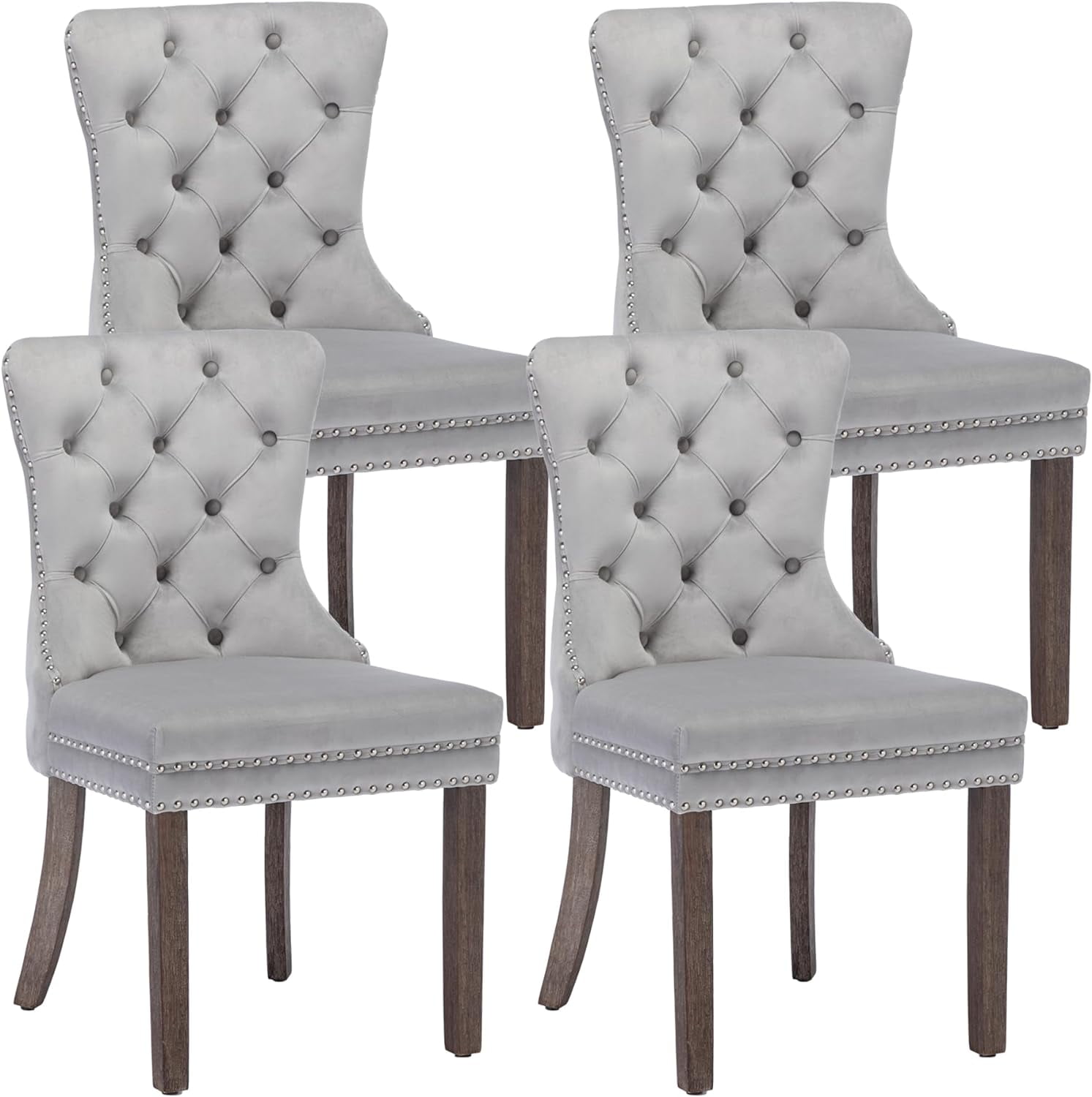 Set of 4 Gray Velvet Upholstered Parsons Dining Chairs with Black Wood Legs