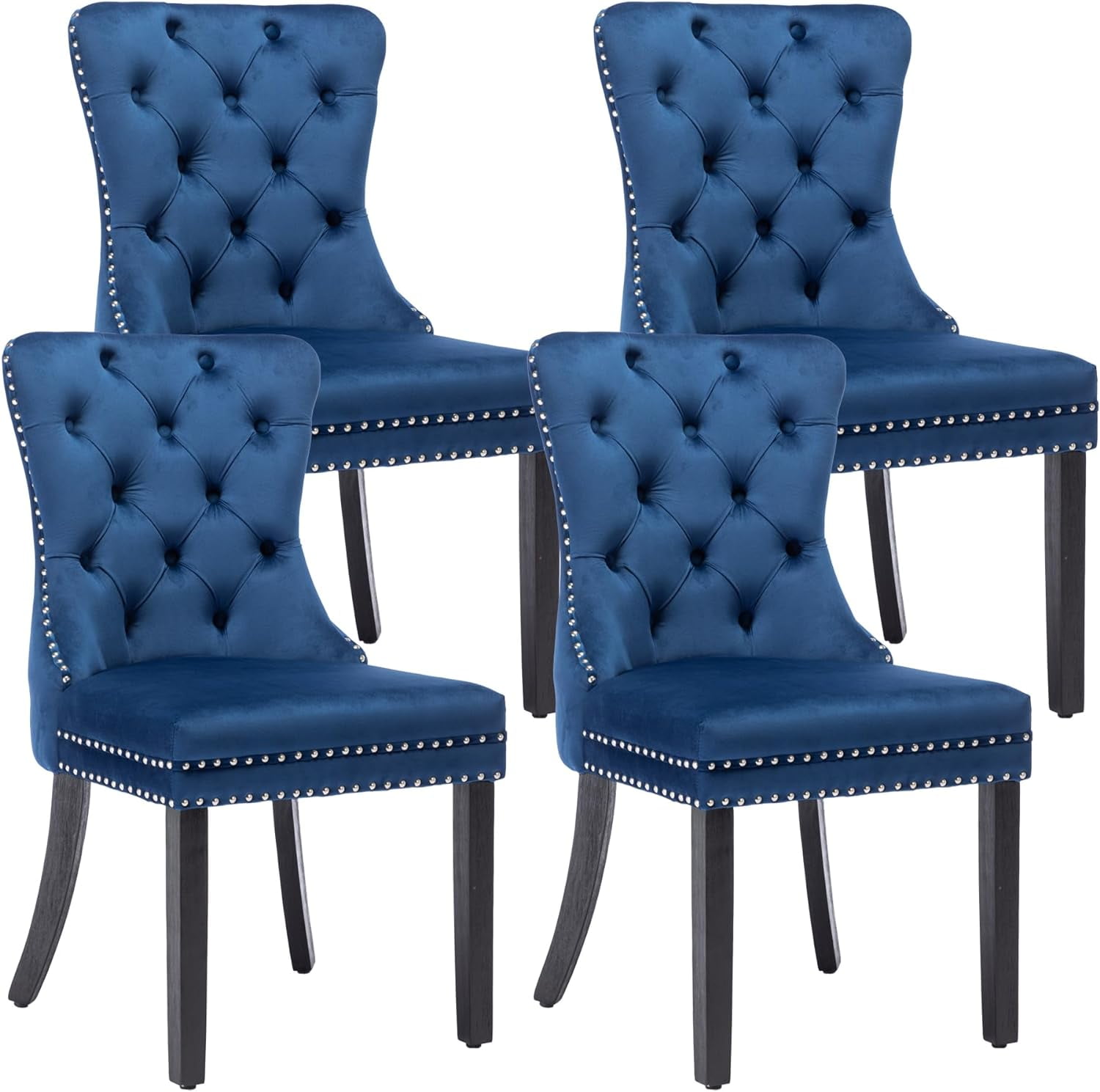 Set of 4 Blue Velvet Tufted Dining Chairs with Nailhead Trim