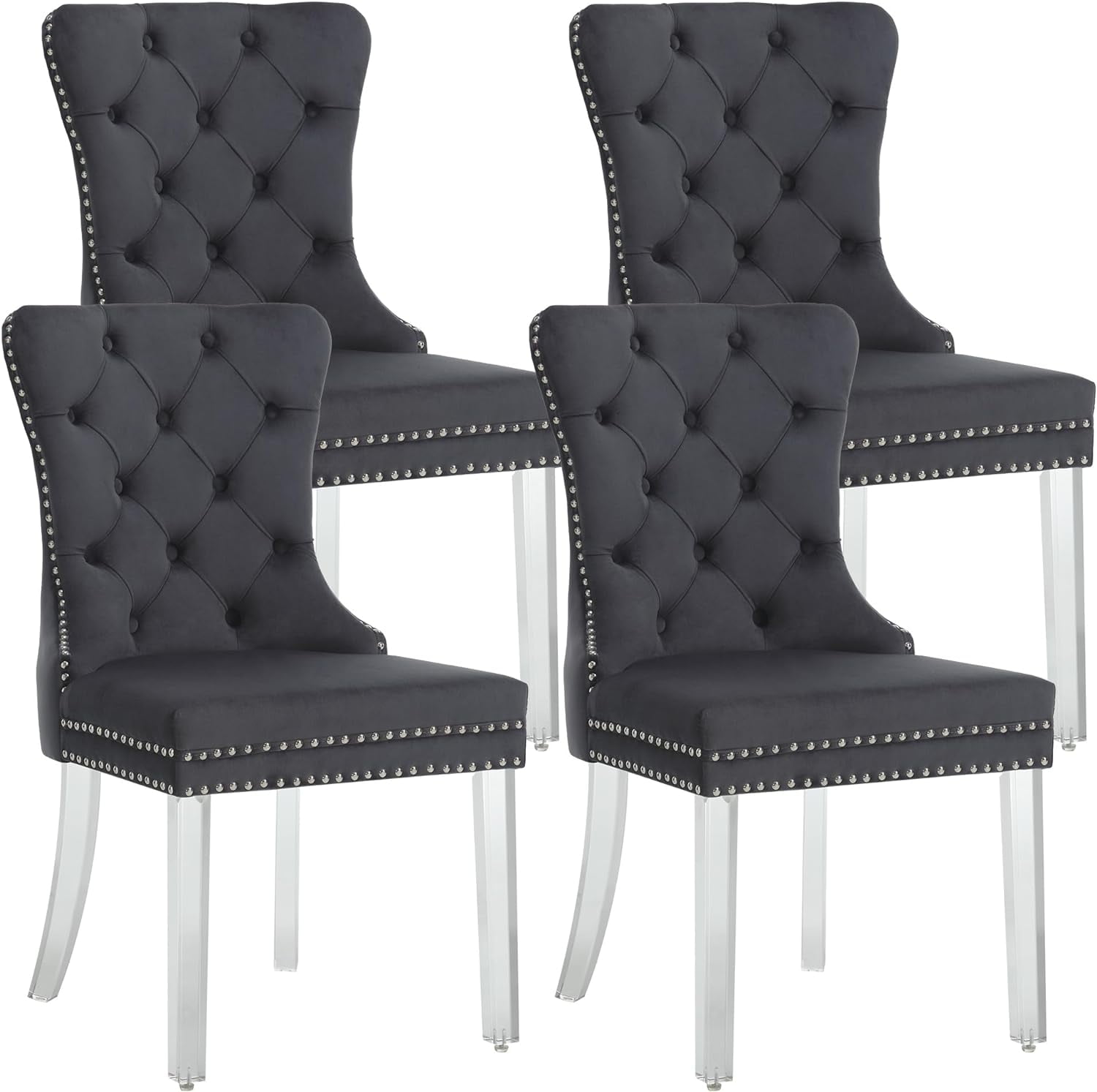 Set of 4 Gray Velvet Upholstered Parsons Dining Chairs with Black Wood Legs