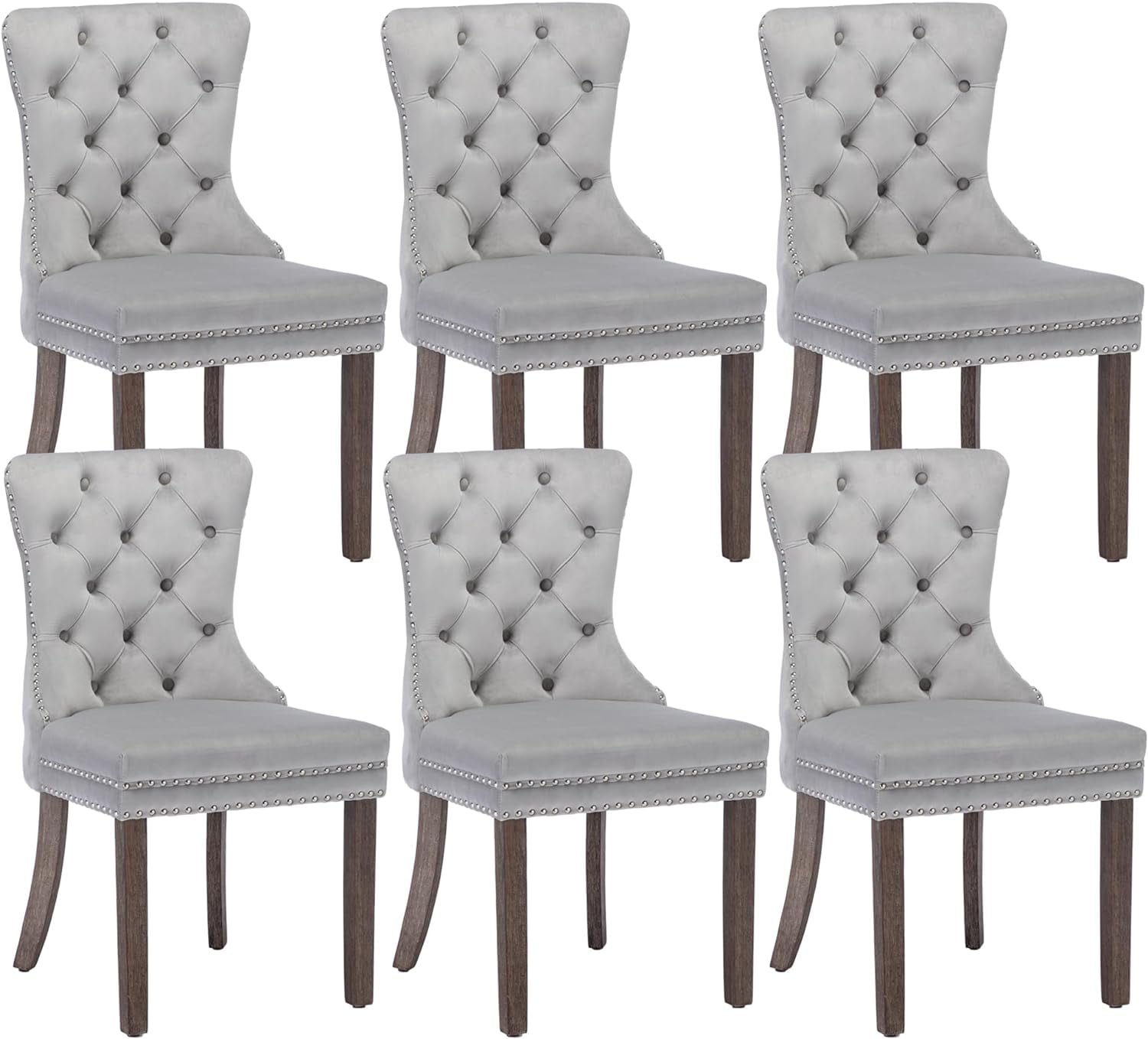 Gray Velvet Upholstered High Back Dining Chairs with Wood Legs, Set of 6
