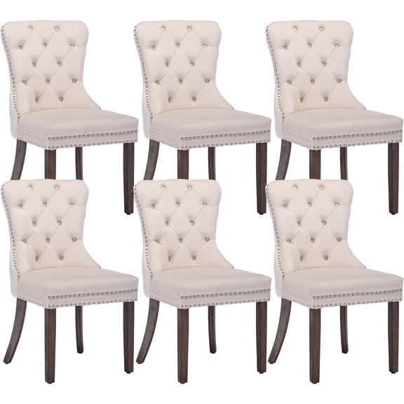 KCC Velvet Tufted Dining Chairs Set of 6, Back Pull Ring Design with Nailhead Trim, Solid Wood Leg Upholstered Side Chairs for Kitchen & Dining Room, Beige