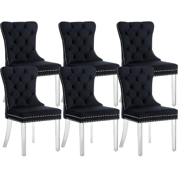 KCC Velvet Dining Chairs Set of 6, Upholstered Tufted Wingback Dining Room Chair with Nailhead Back Ring Pull Trim Solid Acrylic Legs, Contemporary Nikki Collection Style for Kitchen, Black