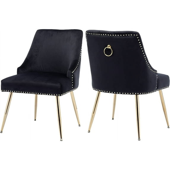KCC Velvet Dining Room Chairs Set of 2 Nailhead Back Ring Pull Trim with Gold Legs for Kitchen Living Room(Black)