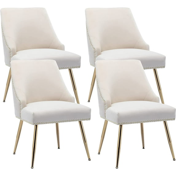 KCC Velvet Dining Room Chairs Set of 4 Nailhead Back Ring Pull Trim with Gold Legs for Kitchen Living Room(Beige)