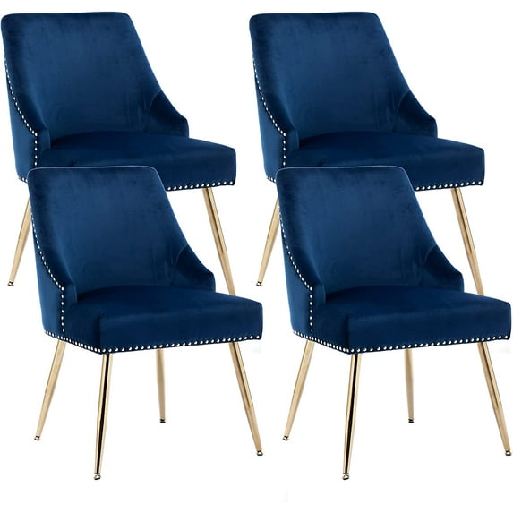 KCC Velvet Dining Room Chairs Set of 4 Nailhead Back Ring Pull Trim with Gold Legs for Kitchen Living Room(Blue)