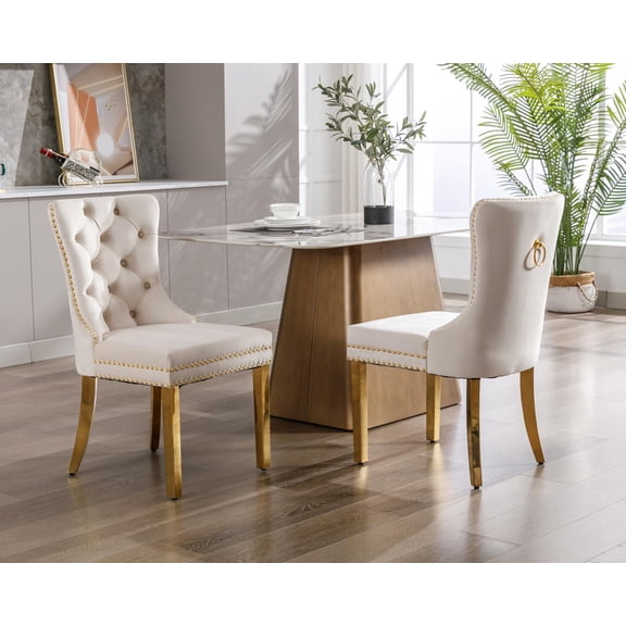 KCC Velvet Tufted Dining Chairs Set of 2, Back Pull Ring & Nailhead Trim, Gold Stainless Steel Leg Upholstered Side Chairs for Kitchen & Dining Room, Beige