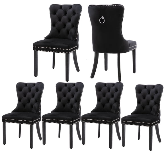 KCC Velvet Tufted Dining Chairs Set of 6, Back Pull Ring Design with Nailhead Trim, Solid Wood Leg Upholstered Side Chairs for Kitchen & Dining Room, Black
